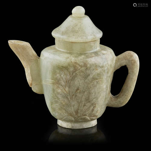 SMALL GREEN JADE TEAPOT AND COVER QING DYNASTY, 19TH CENTURY carved with a domed cover, the ovoid