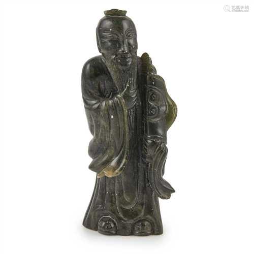 CARVED GREEN HARDSTONE DAOIST DEITY 20TH CENTURY wearing long robes, with long beard and holding a