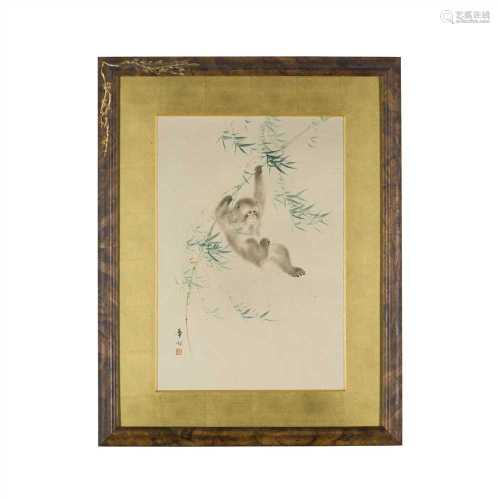 ? TWO CHINESE WATERCOLOUR PAINTINGS 20TH CENTURY one painting depicting a monkey swinging in a