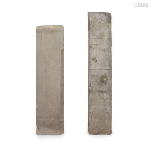 TWO CHINESE HAN DYNASTY CLAY TOMB PILLARS 1ST CENTURY THE FIRST INCISED