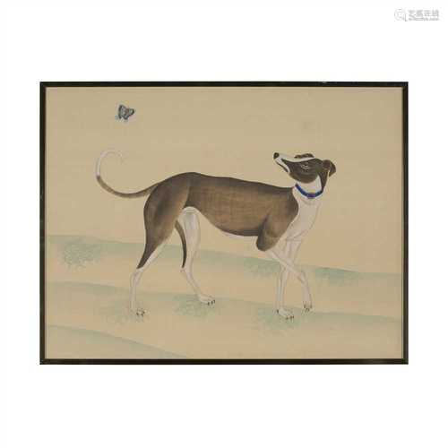 TWO PAINTINGS WITH DOGS 20TH CENTURY ink and colour on silk, unsigned, each depicting a dog in