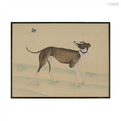 TWO PAINTINGS WITH DOGS 20TH CENTURY ink and colour on silk, unsigned, each depicting a dog in