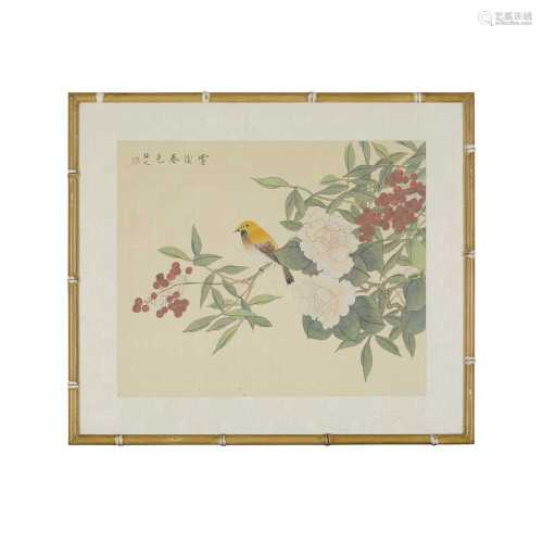 FOUR PAINTINGS OF BIRDS AND FLOWERS 20TH CENTURY ink and colour on silk, two mounted in bamboo