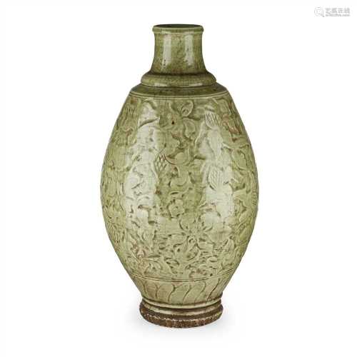 PAIR OF LONGQUAN CELADON VASES STYLE OF MING DYNASTY each sturdily potted with an ovoid body,