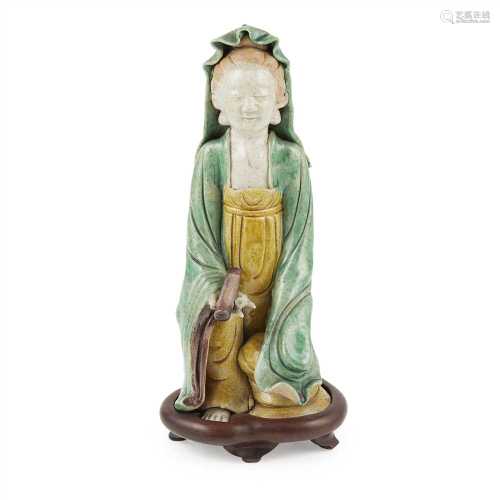 BISCUIT SANCAI GLAZED FIGURE OF GUANYIN QING DYNASTY female figure of guanyin covered with sancai