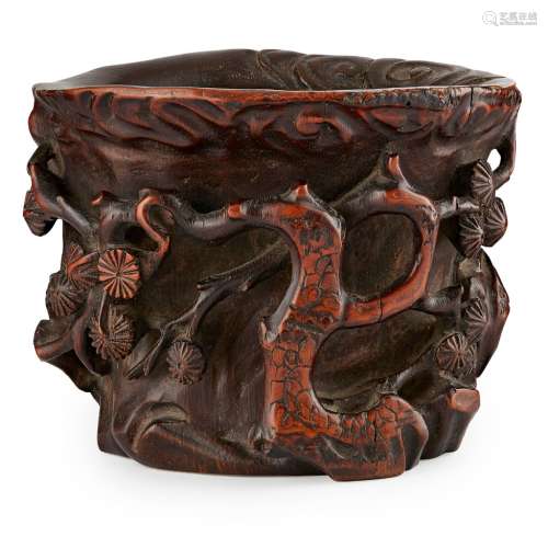 CARVED BAMBOO BRUSH POT SIGNED WANG QI, QING DYNASTY naturalistically
carved in high relief and