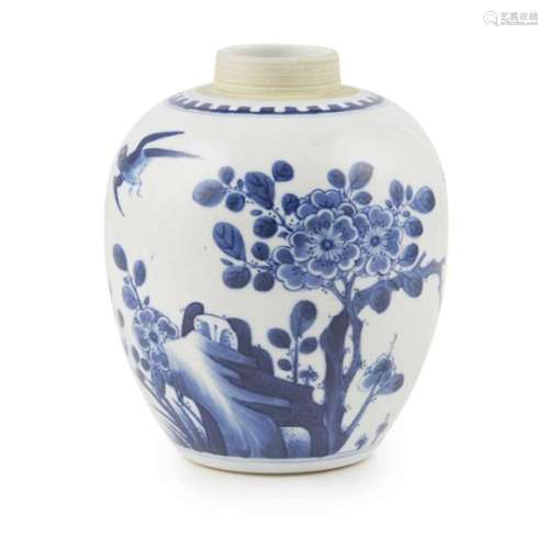 ? BLUE AND WHITE JAR QING DYNASTY ovoid form body decorated with two birds flying over blossoming
