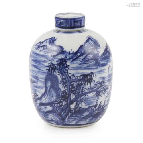 BLUE AND WHITE JAR WITH COVER LATE QING DYNASTY the bulbous body painted with a literati sailing