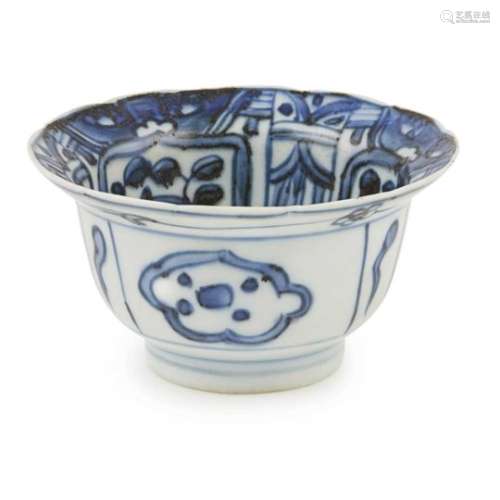 BLUE AND WHITE CUP MING DYNASTY thinly potted with short straight foot, extending to a splayed mouth