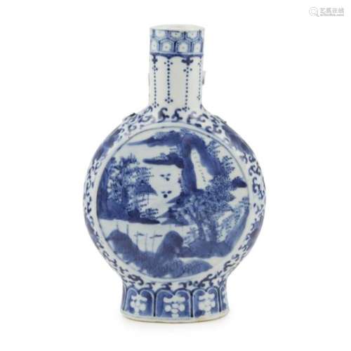 BLUE AND WHITE MOON FLASK KANGXI MARK BUT 19TH CENTURY painted with two mirrored landscape scenes
