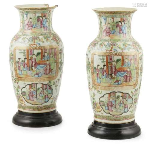 PAIR OF CANTON FAMILLE ROSE VASES QING DYNASTY, 19TH CENTURY each of baluster form, flared mouth,