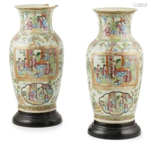 PAIR OF CANTON FAMILLE ROSE VASES QING DYNASTY, 19TH CENTURY each of baluster form, flared mouth,