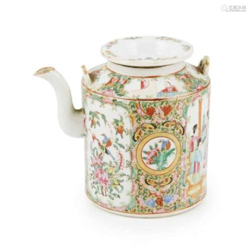 ? CANTON FAMILLE ROSE DECORATED TEAPOT QING DYNASTY, 19TH CENTURY of cylindrical form, curved spout,