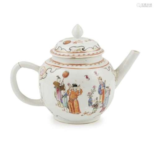 ? FAMILLE ROSE EXPORT TEAPOT QING DYNASTY, LATE 18TH-19TH CENTURY of spherical form, the domed cover