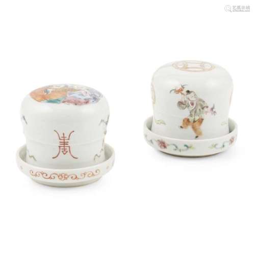 ? TWO FAMILLE ROSE DICE SHAKERS LATE QING DYNASTY, LATE 19TH-EARLY 20TH CENTURY each comprising of a