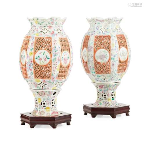 PAIR OF FAMILLE ROSE HEXAGONAL LANTERNS REPUBLIC PERIOD each side decorated with a small medallion