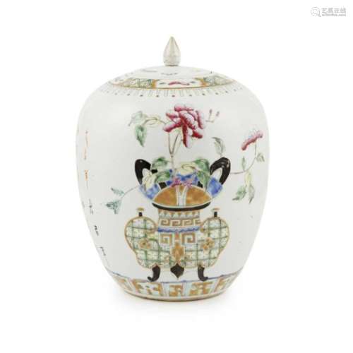 LARGE FAMILLE ROSE GINGER JAR AND COVER QING DYNASTY, 19TH CENTURY of ovoid form, the exterior