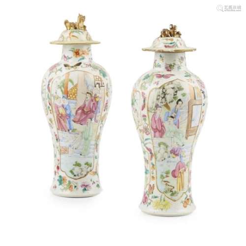 A PAIR OF CANTON FAMILLE ROSE VASES AND COVERS QING DYNASTY, 19TH CENTURY of baluster form, the