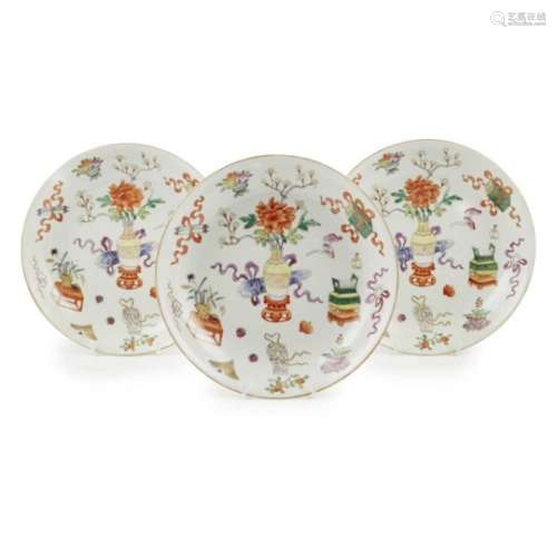 ? THREE CHINESE PORCELAIN 'EIGHT TREASURES' DISHES JIAQING MARK BUT LATER decorated in polychrome