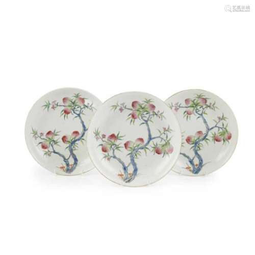 ? THREE CHINESE PORCELAIN 'NINE PEACHES' DISHES JIAQING MARK BUT LATER decorated in polychrome