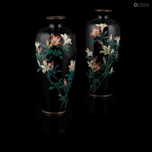 PAIR OF JAPANESE CLOISONNÉ ENAMEL VASES MEIJI PERIOD the vase with high shoulders tapering to the