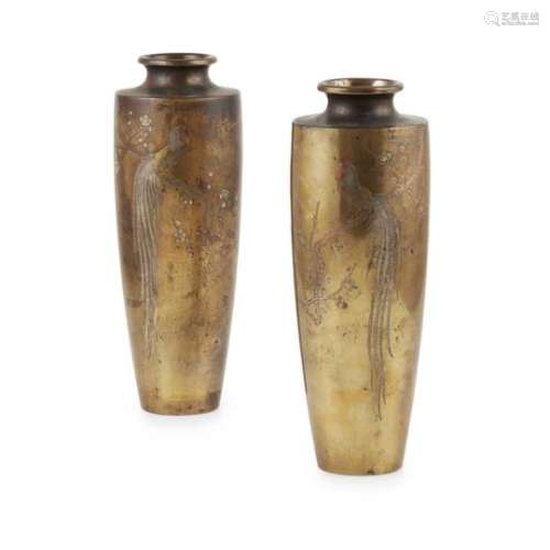PAIR OF JAPANESE BRONZE AND MIXED METAL VASES MEIJI PERIOD each of high shouldered tapered form,