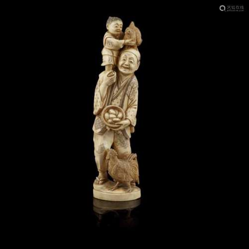 Y IVORY OKIMONO OF A FARMER MEIJI PERIOD carved as a man holding a basket of eggs with a hen at