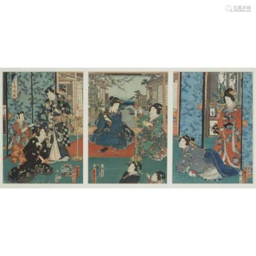 JAPANESE WOODBLOCK PRINT TRIPTYCH DATE 1857 depicting courtesans with retainers lighting candles, by