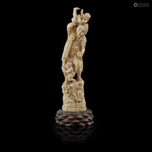 JAPANESE IVORY FIGURE OF A SAMURAI MEIJI PERIOD depicting in a fight with demons, one was lifted