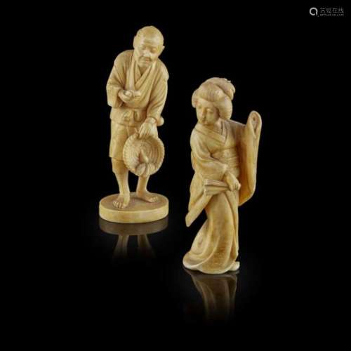 TWO JAPANESE CARVED FIGURES MEIJI PERIOD OR LATER one depicting a bijin in dance holding a folded