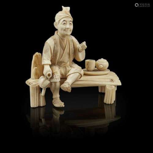 IVORY FIGURE OKIMONO MEIJI PERIOD carved as a seated man on a rustic bench, tetsubin and tea bowl to