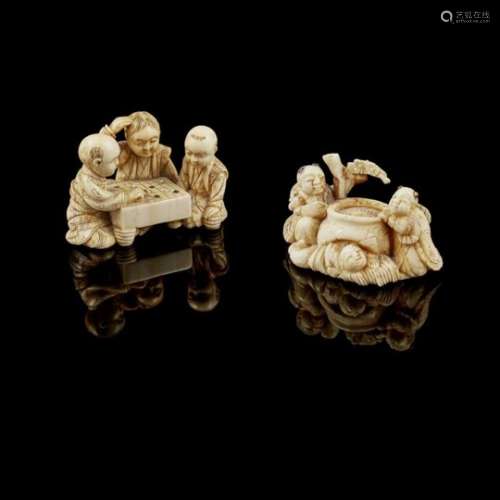 TWO IVORY NETSUKE MEIJI PERIOD one depicting three scholars at the chess table, signed with a two-
