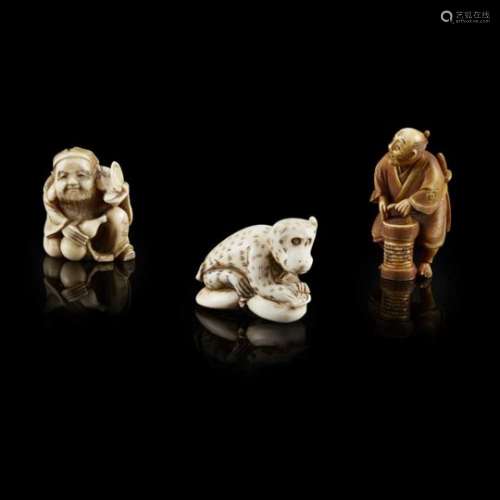 COLLECTION OF THREE IVORY NETSUKE MEIJI PERIOD comprising a reclining monkey, signed 'Eiki' on the