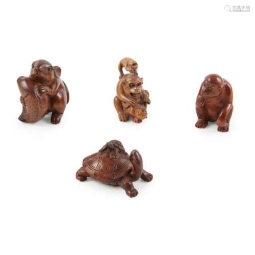 GROUP OF FOUR BOXWOOD NETSUKE MEIJI PERIOD comprising a seated monkey with puzzling face; a female