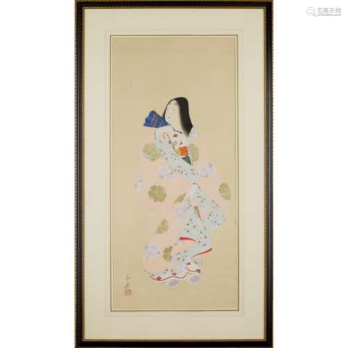 JAPANESE WATERCOLOUR PAINTING ON SILK 20TH CENTURY depicting a Gesha in
a pink floral kimono,
