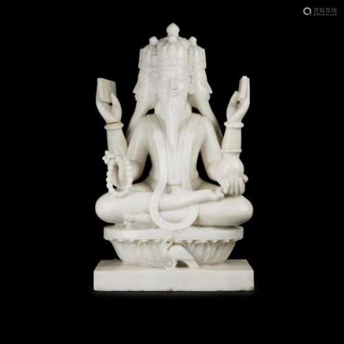 INDIAN CARVED MARBLE FIGURE OF BRAHMA 20TH CENTURY typically depicted with four faces and four arms,