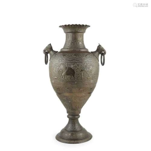 LARGE INDIAN BRONZE VASE EARLY 20TH CENTURY with an everted neck above the shouldered body with loop