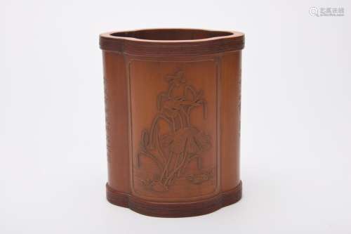 Chinese Qing Dynasty Bamboo Flower Poetry Brush Pot
