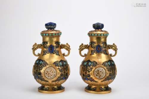 Chinese Qing Dynasty Bronze Gold Gilded Inlaid White