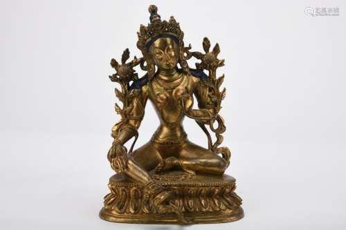 Chinese Qing Dynasty Bronze Gold Gilded Tara Statue