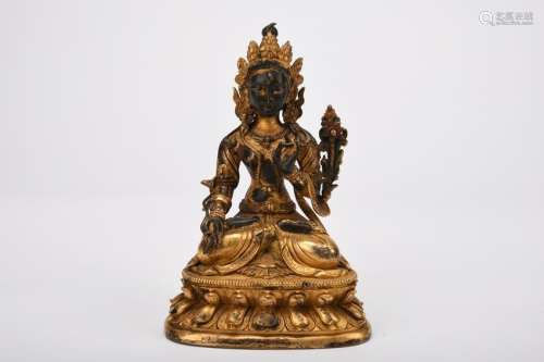 Chinese Qing Dynasty Bronze Gold Gilded Tara Statue