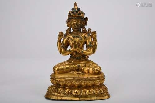 Chinese Qing Dynasty Bronze Gold Gilded Four-Armed