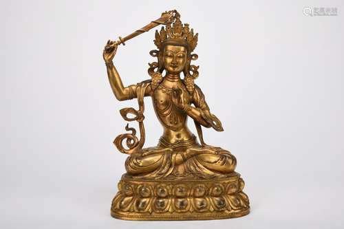 Chinese 18Th Century Bronze Gold Gilded Manjusri Statue