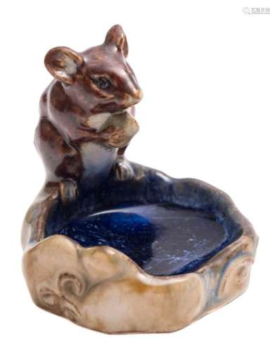 A Royal Doulton stoneware mouse pin tray in the manner of George Tinworth: the mouse sitting on the