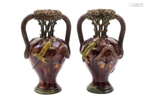 A PAIR OF PORTUGESE PALISSY WARE VASES: ATTRIBUTED TO MANUEL MAFRA EACH OF