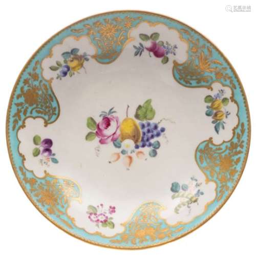 A First Period Worcester saucer dish: painted in the manner of the Giles workshop with bunches of