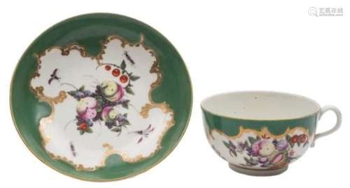 A First Period Worcester 'spotted fruit' teacup and saucer: painted with a variety of fruit and