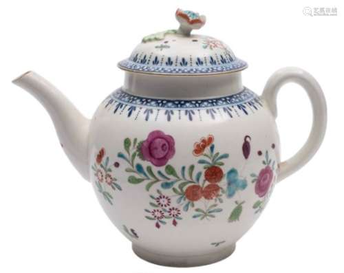 A First Period Worcester teapot and cover: of globular form, the domed cover with flower knop,