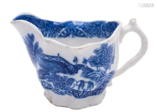 A Caughley blue and white 'low chelsea ewer' cream jug: printed with the chinoiserie 'Pagoda'