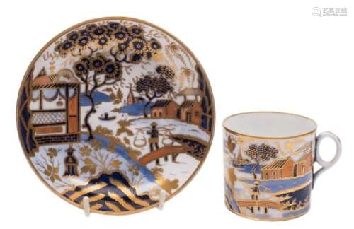 A New Hall bone china coffee can and saucer and two New Hall teabowls and saucers: the first